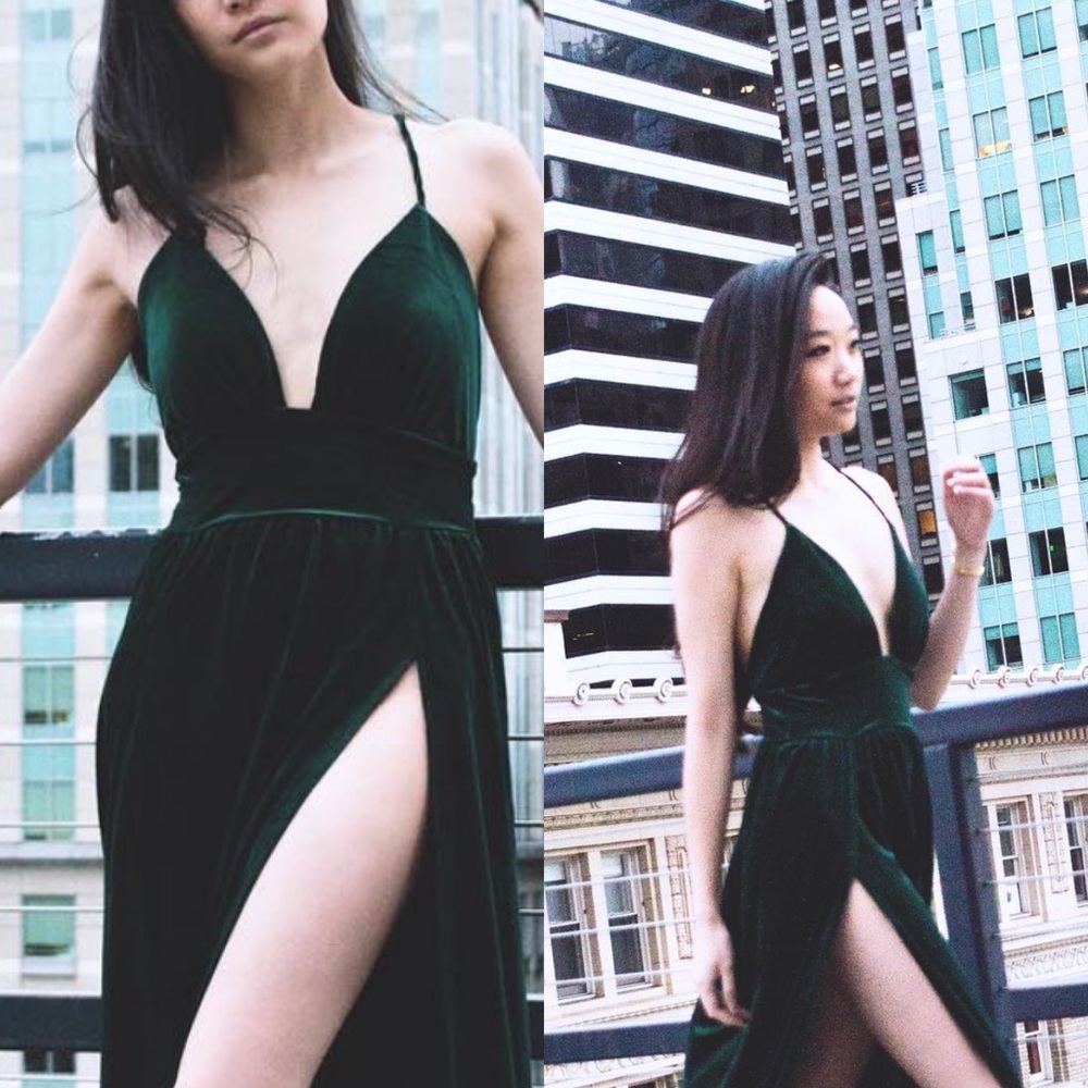 Emerald Velvet Double High-Slit Gown